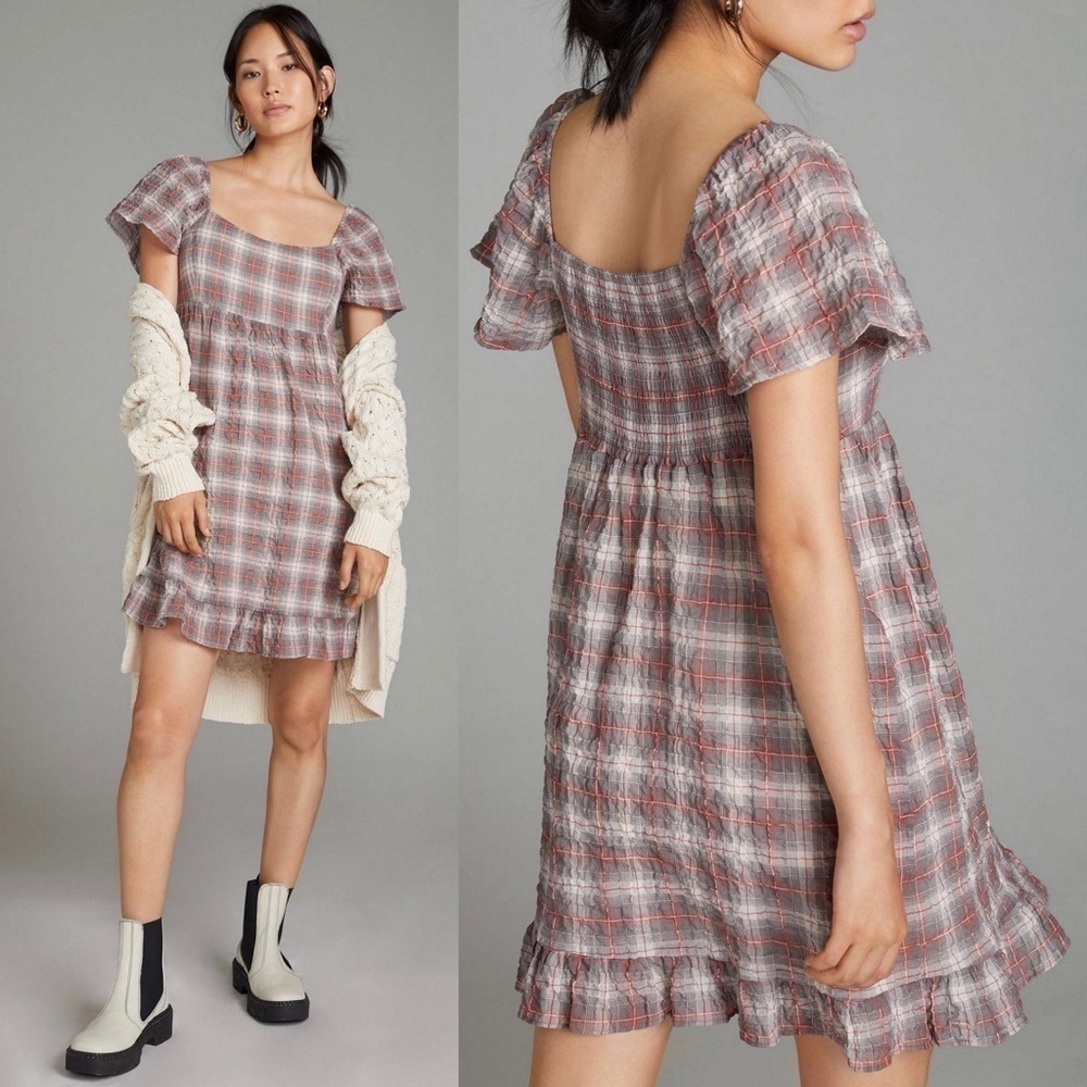 Anthropologie Maeve Plaid Flutter-Sleeved Mini Dress Ruffle Smocked Small